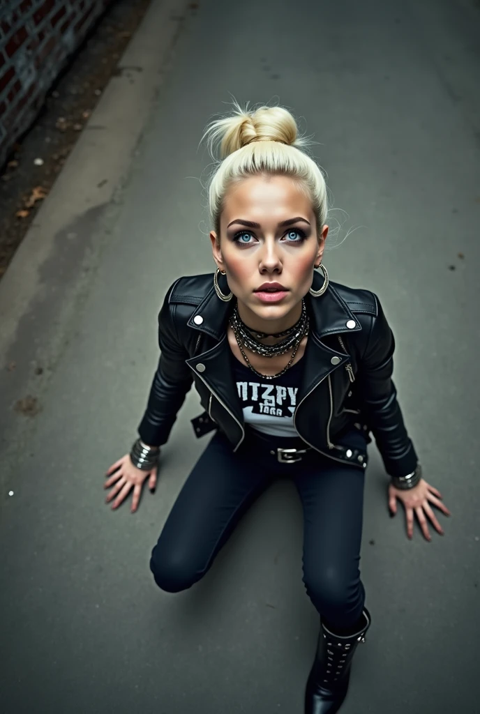 russian milf, platinum blonde hair in top bun ,with very light blue eyes, pale, heavy eye shadows. Sad face, big eyes, smeared make up. Wearing black moto jacket, cropped metal band t-shirt, black skinny jeans and black snakeskin cowboy boots . Lots of metallic braceles and collars. Tattoed. Tacky leather belt with oversized buckle. Wide loop earrings. Scared face. Sitting on the ground. Looks up in fear thinking that God is peaking to her