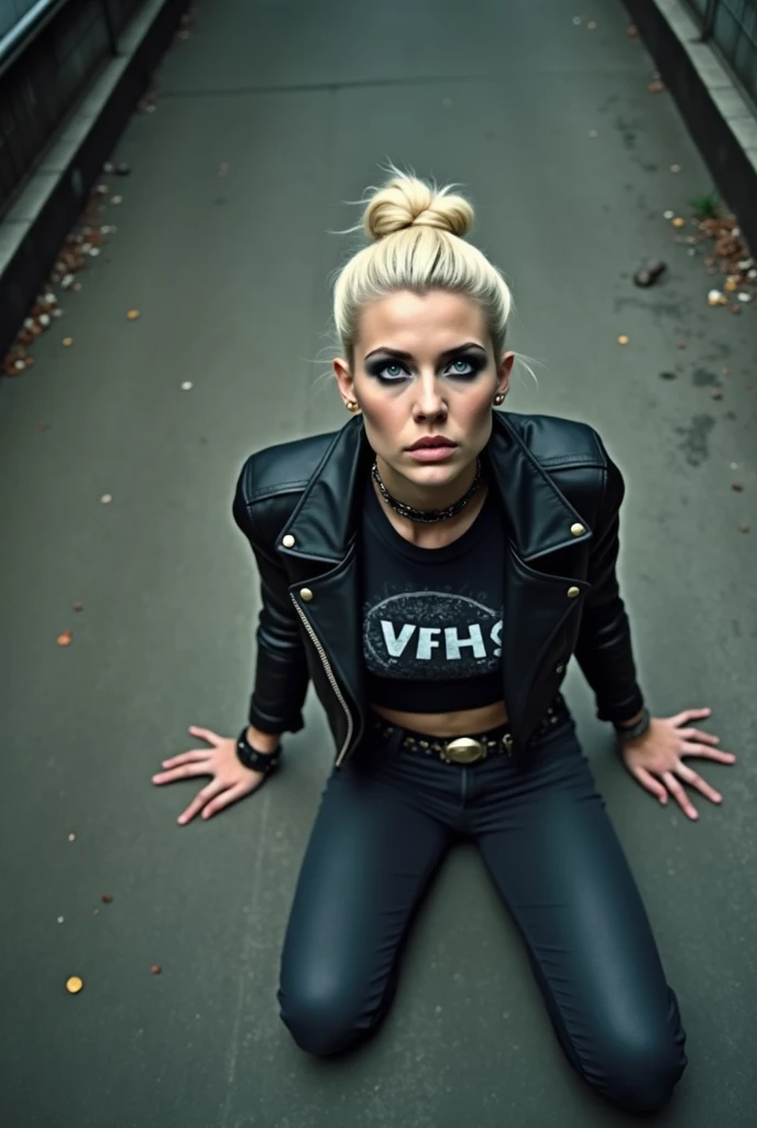 russian milf, platinum blonde hair in top bun ,with very light blue eyes, pale, heavy eye shadows. Sad face, big eyes, smeared make up. Wearing black moto jacket, cropped metal band t-shirt, black skinny jeans and black snakeskin cowboy boots . Lots of metallic braceles and collars. Tattoed. Tacky leather belt with oversized buckle. Wide loop earrings. Scared face. Sitting  on the ground. Looks up in fear thinking that God is peaking to her