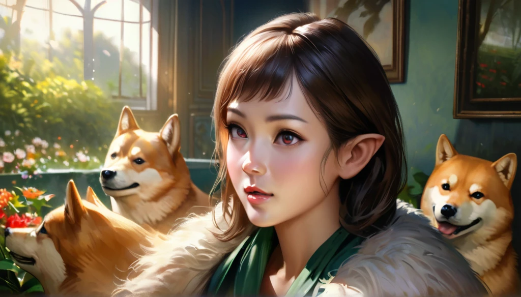 Shiba inu,painting,oil painting,realistic,photorealistic:1.37,soft and fluffy fur,bright and expressive eyes,playful and alert pose,beautiful detailed nose,cute and pointy ears,natural and vibrant colors,peaceful garden background,vivid greens and blooming flowers,soft sunlight and gentle shadows,highres,professional lighting and composition.