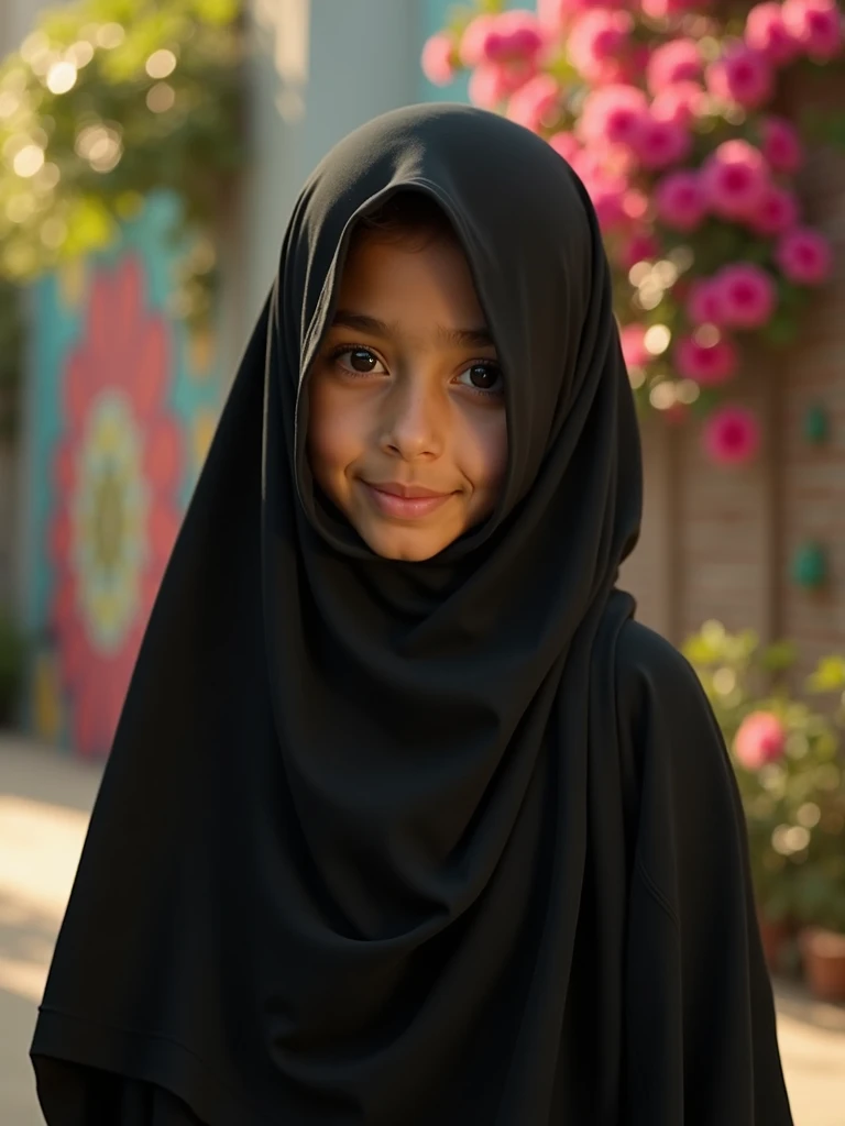 A muslim girl in niqab covering her eyes and having big natural