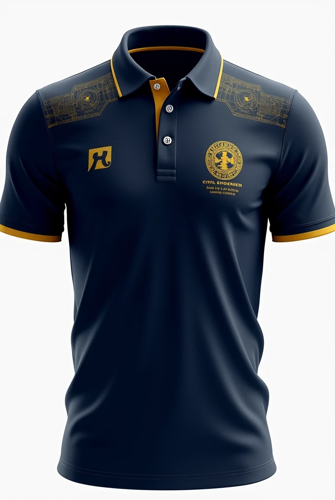 make me a front and back polo shirt for Civil Engineering organization. make a dominant color of navy blue and less color of mustart and white