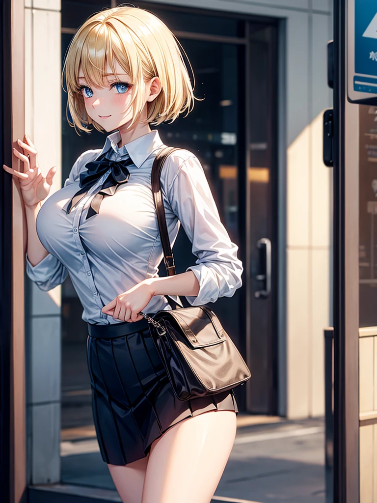 Anime style, super fine illustration, highly detailed, beautiful detailed, pale tone image, static representation, gentle expression, 8k, pretty 1girl with blonde straight short hair & blue eyes & a bright smile & full bust & soft fair skin is wearing big white business shirt not to show her skin & black tight skirt & 1business bag, on the business building street, in the morning, brilliant particles of lights, romantic stories, solo, perfect fingers, perfect arms, perfect legs, masterpiece.