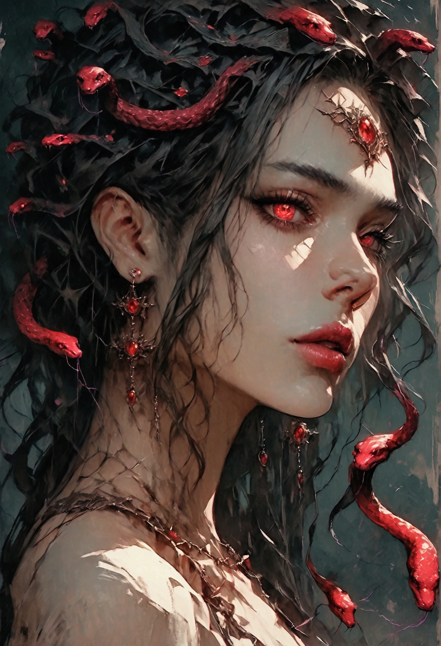 Realistic Digital Painting with Concept Art Elements"," digital painting," "concept art," "realistic," "high detail", "muscular",, "high-res", "ominous aura,", "8k resolution", "oil painting", "darker tone" , "dark saturation" ,"dark feeling", "concept art" , "detailed features" , "detailed eyes" , "1women, "medusa" , "snake hair" , "beautiful" , slit snake eyes" , "dangerous" , "Greek maroon dress", "lips slightly parted"