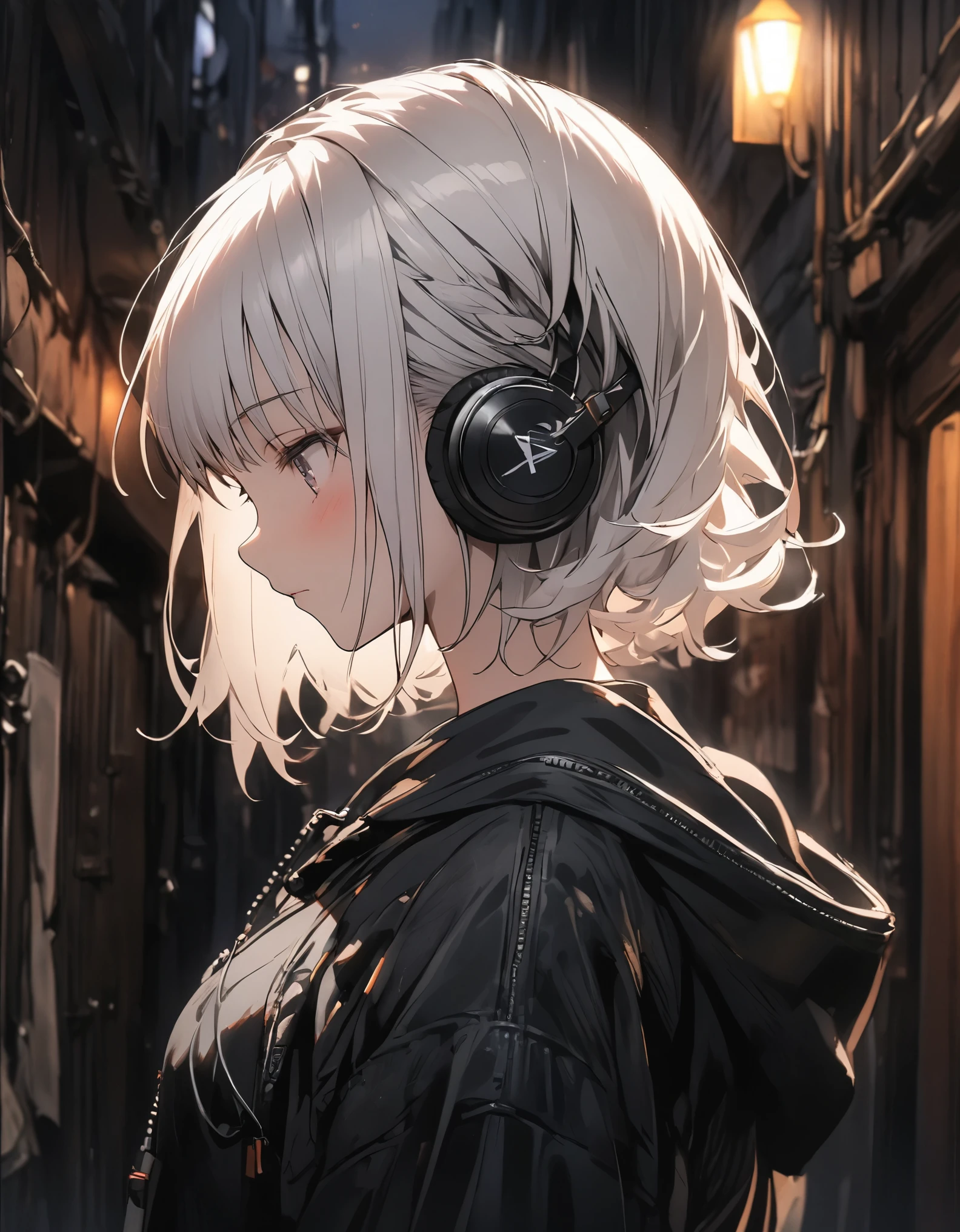 masterpiece、1 girl, white hair、short hair, headphone, Black hoodie、Focus on the face, narrow alley background, at Night, (((profile)))