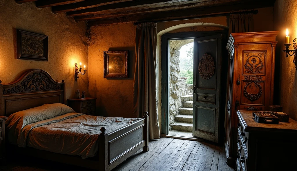 A room in an old tavern with a bed, a wardrobe, a chest, and candles, with a wooden entrance door.