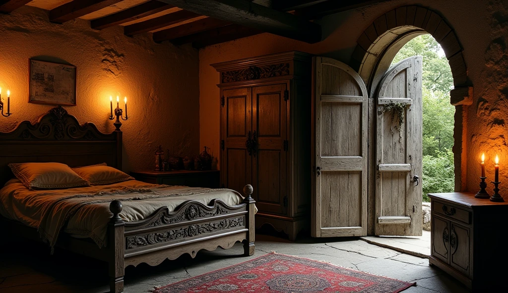 A room in an old tavern with a bed, a wardrobe, a chest, and candles, with a wooden entrance door.