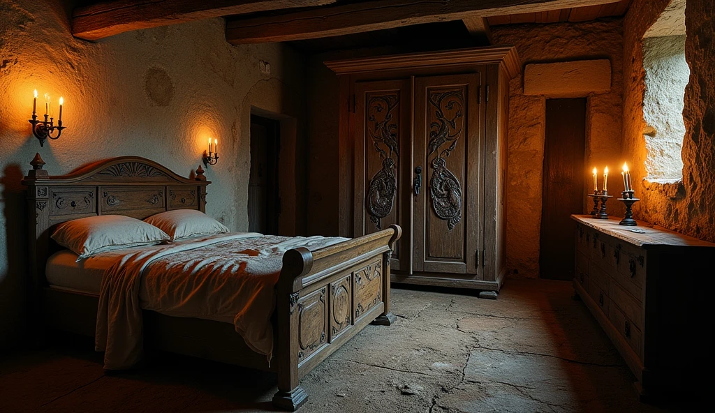 A room in an old tavern with a bed, a wardrobe, a chest, and candles, with a wooden entrance door.