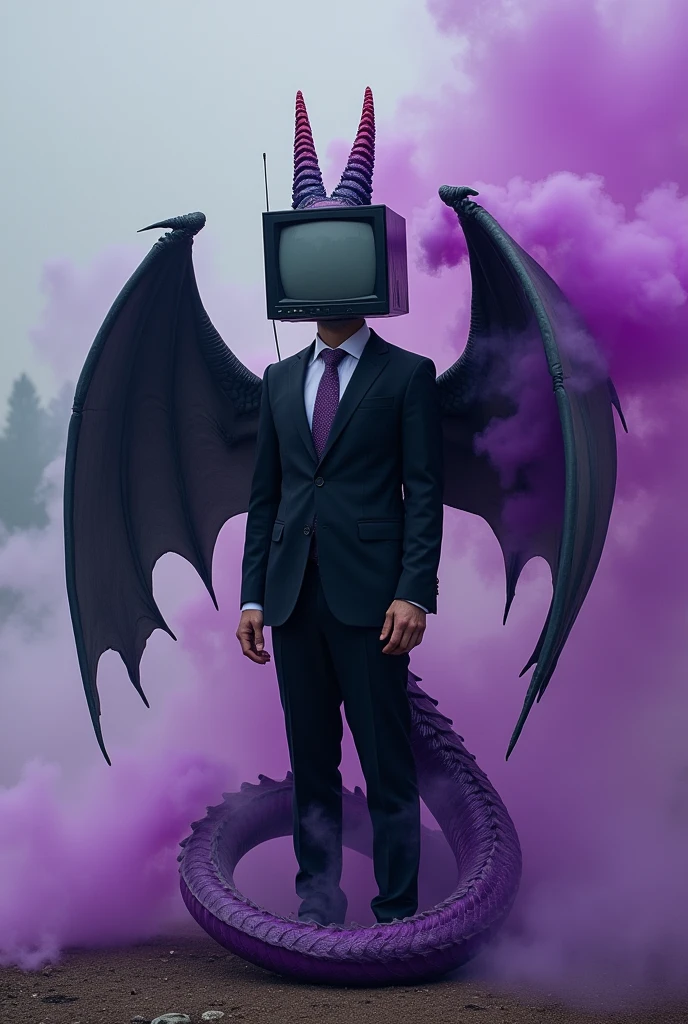 A man with tv head, blank screen and Ying yang colored sea dragon ears, 1 horn and 1 antena. Using a black suit and purple tie. Black and white colored dragon wings and purple tail, fierce. purple smokes effect around him
