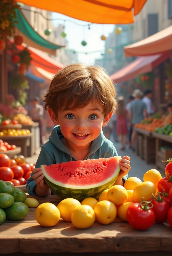 4k, ultra realistic, realistic, boy, colorful backgroud , eating in the market