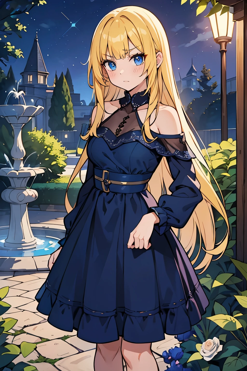 fairy_tail_style, solo, 1 girl, cowboy shot, (young female body:1.4), (medium small breasts), golden yellow hair, extra long hair, blunt bangs, crystal blue eyes, very detailed blue eyes, mansion garden, standing on a cobble pathway, a moonlit garden with a fountain, rose bushes, night time, elegant dark blue dress, maxi length blue dress, long sleeves, form fitting navy blue dress, chic evening dress, party dress, cowboy shot, flower in hair, off shoulder long sleeves, off shoulder, exposed collar bones