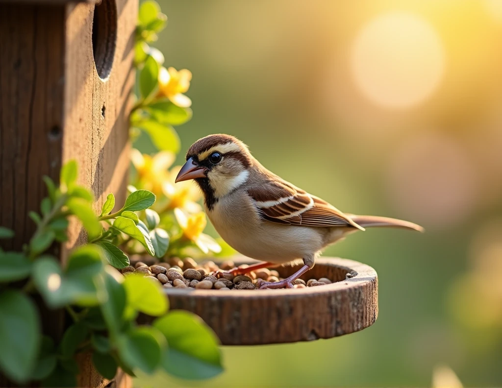A sparrow perched on the edge of a bird feeder, pecking at seeds with a cheerful expression.