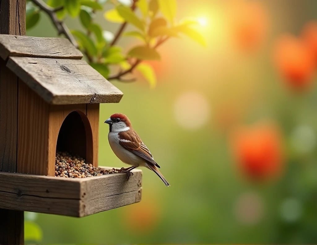 A sparrow perched on the edge of a bird feeder, pecking at seeds with a cheerful expression.