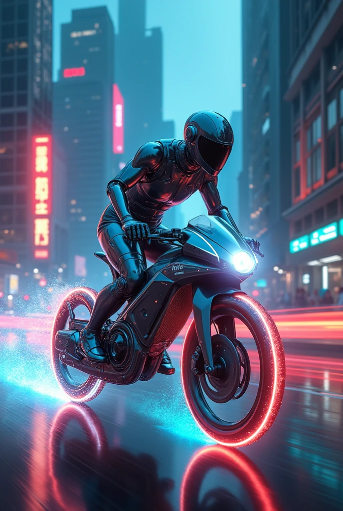 Create a breathtaking image of a cyborg riding a never-before-seen, super futuristic bicycle. The cyborg is a sleek, advanced humanoid with a blend of metallic and organic elements, exuding power and agility. The bicycle is unlike anything seen before, with cutting-edge design elements, glowing energy circuits, and aerodynamic features that make it appear as if it’s from a distant future. The cyborg is in motion, zooming through a dynamic, futuristic cityscape with towering skyscrapers, neon lights, and holographic displays. The background is a blur of vibrant colors, emphasizing the speed and high-tech environment. The overall image should be captivating, full of energy, and embody the fusion of futuristic technology with human-like characteristics