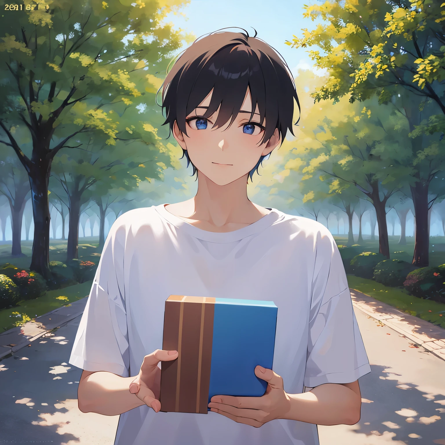 holding a small box, (looking away:1.5), looking down, upper body、shiny skin, masterpiece、Highest quality、(25-year-old male:1.5) and (Black short hair) and (blue eyes), BREAK (white) and (T-Shirts) BREAK 立っている、smile, The background is a park、alone