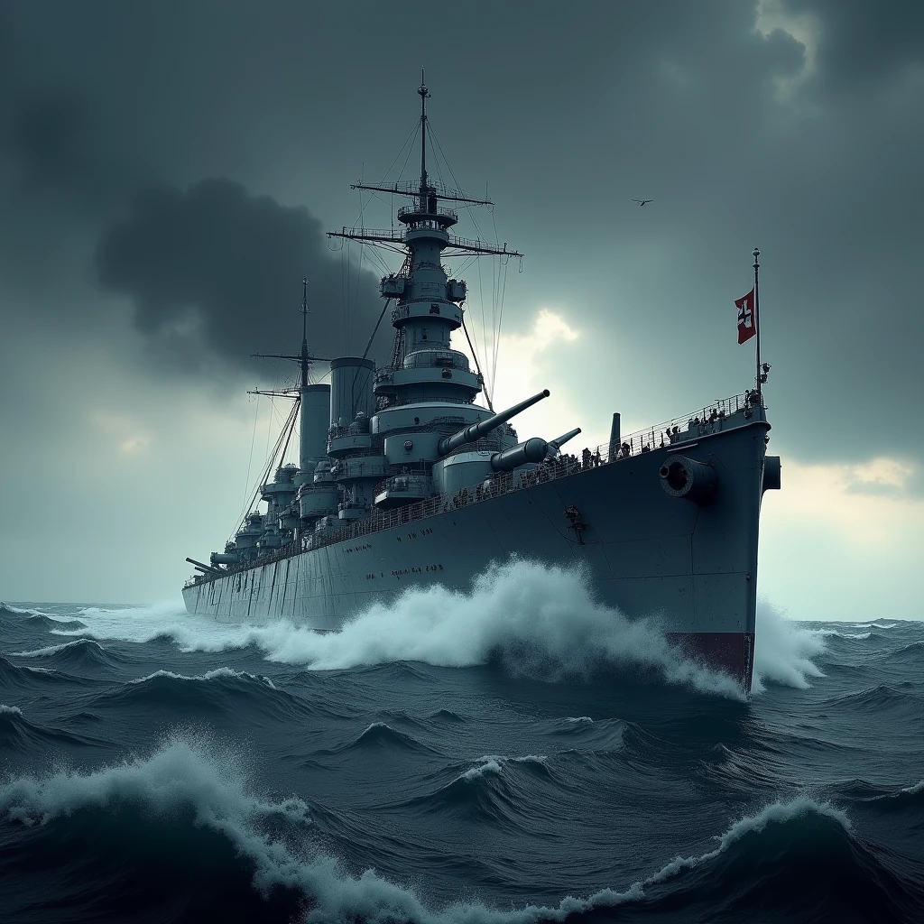 World War II German battleship Bismarck sailing in a rough sea with a gloomy overcast sky, (work of art:1.2), best qualityer, high qualiy, high resolution, (hyper detailled), detailed back ground, commemorative photograph,

