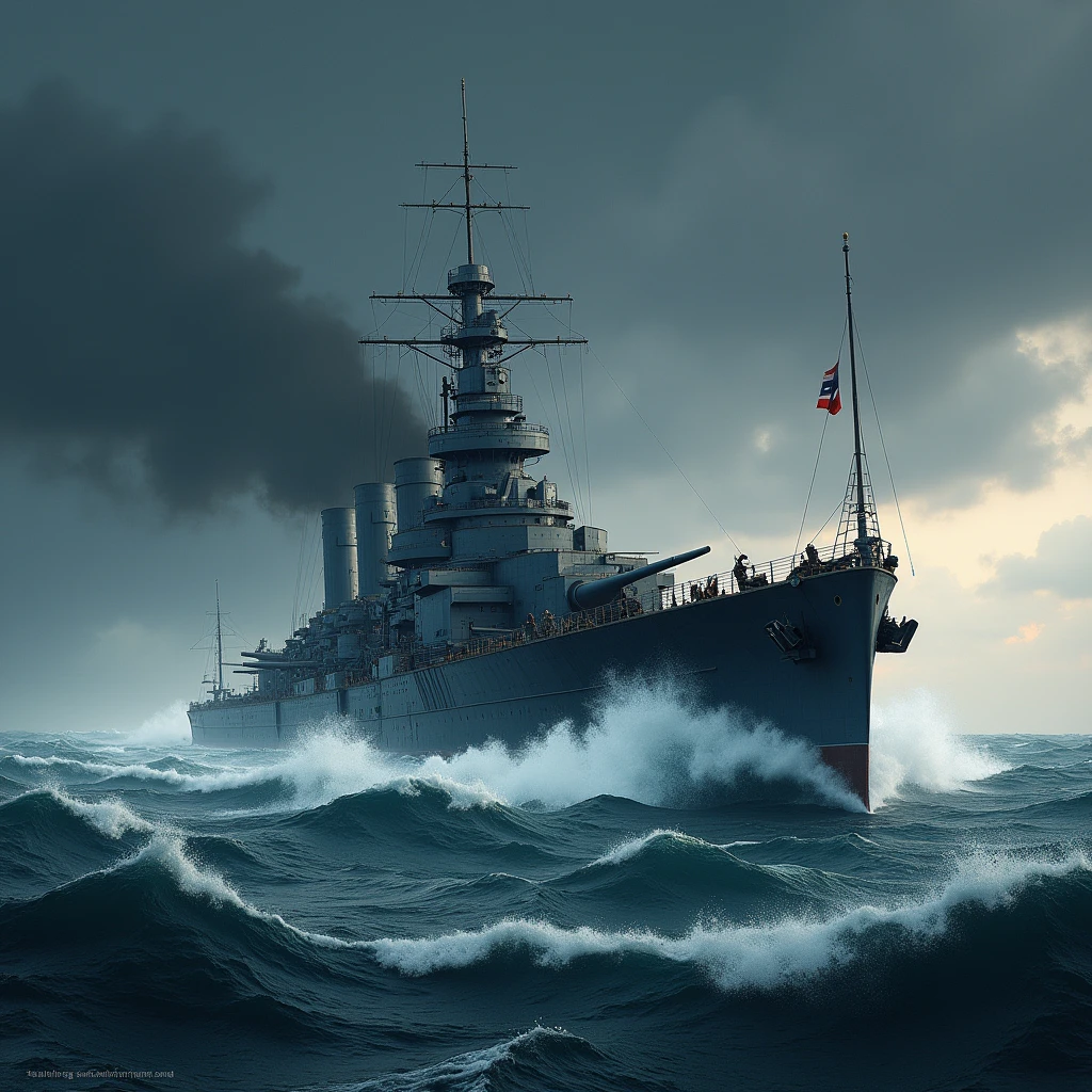World War II German battleship Bismarck sailing in a rough sea with a gloomy overcast sky, (work of art:1.2), best qualityer, high qualiy, high resolution, (hyper detailled), detailed back ground, commemorative photograph,

