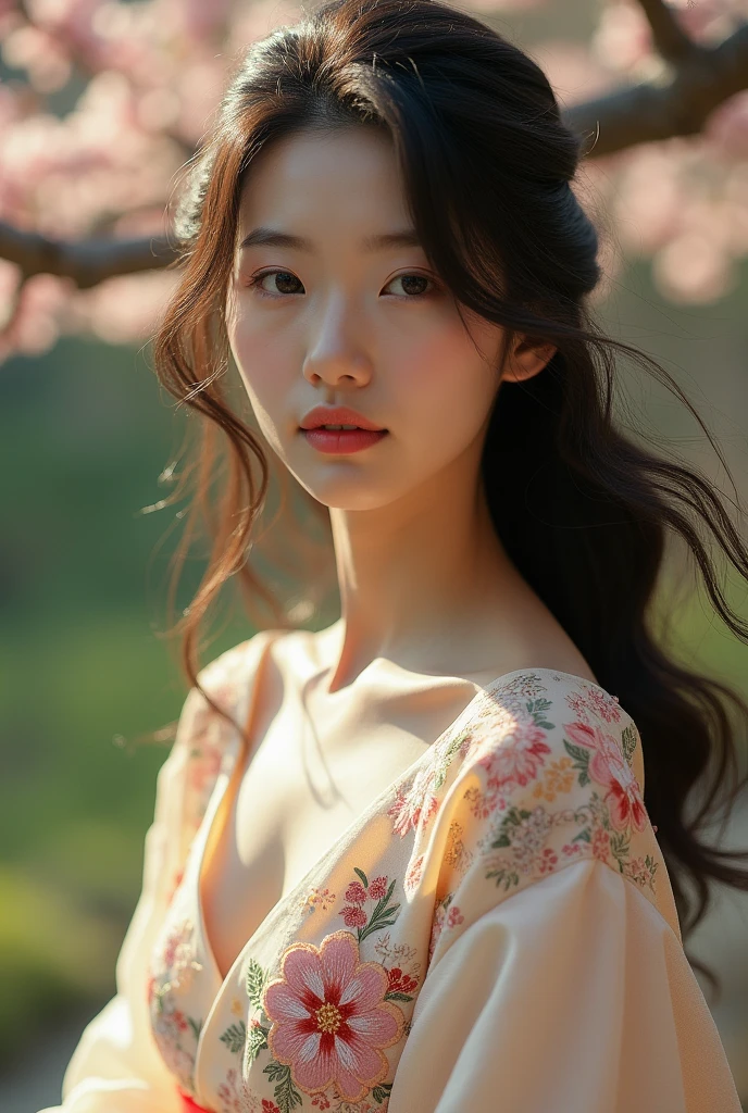 An elegantly dressed Japanese woman in natural light、A close-up of her chest and calm expression.、It shows her inner peace and outer charm.。
