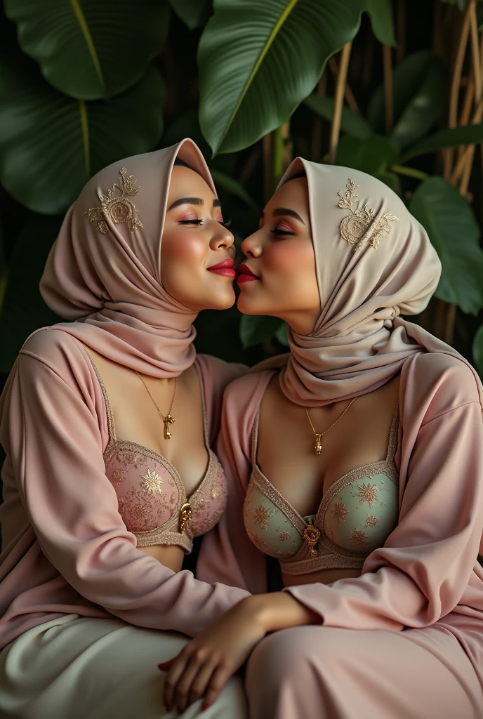 extreme close up of two hijab indonesian lesbian girl laying down,bra and panties,hugging,sit on lap kissing