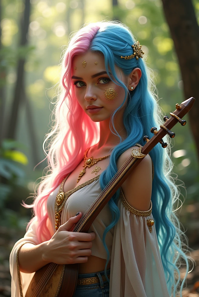 A very beautiful girl, Young and sexy, Your hair is half pink and half blue.. Your skin is white and delicate, with golden magical symbols tattooed on it, and your body is covered in a shimmering golden powder., your eyes are silver, She is noble e possui vestes chiques e elegantes porém é uma aventureira filha de uma fada, She is noble, She is also a bard and loves music, She's always with her delicate lute, besides carrying her beautiful sword, Because she is a bard, she is always with her lute in hand and her beautiful sword sheathed.