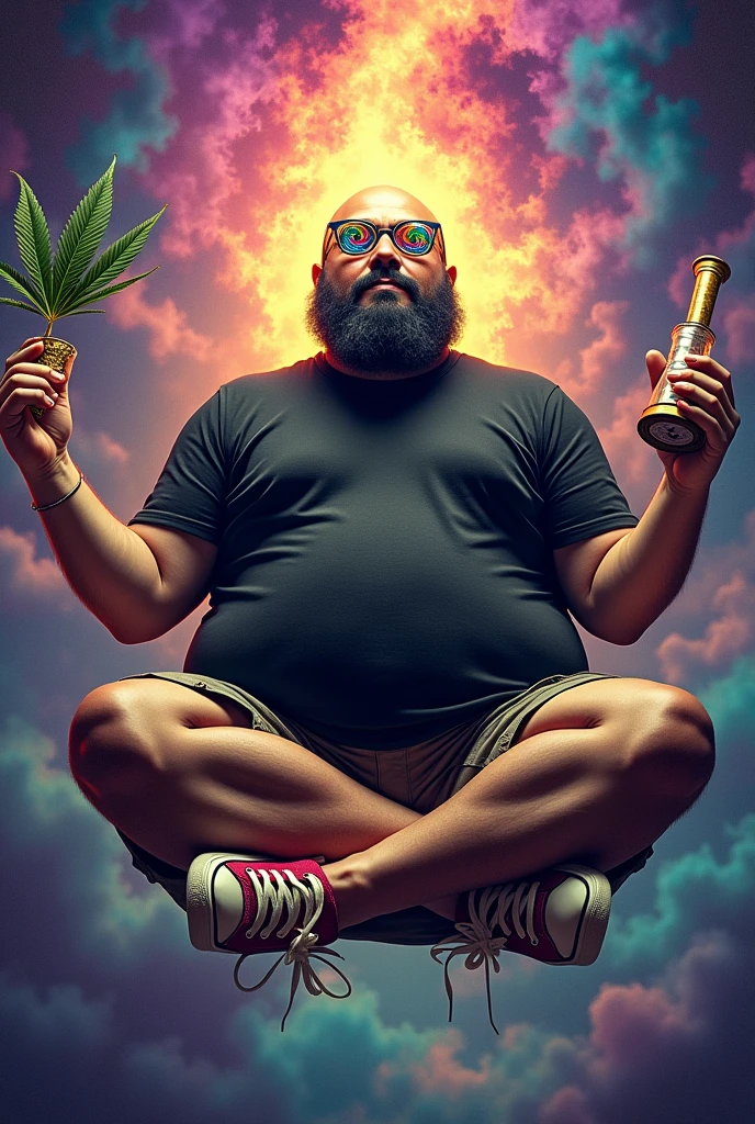 Fat bald white man with a short black beard, Glasses and small golden hoop earrings. black tee, Bermuda cargo and All Star sneakers. Floating cross-legged like a Hindu God. With 4 arms each holding something different related to marijuana. The glasses lenses should be a psychedelic spiral. And the background colors should be vibrant. lsd style. psychedelic.