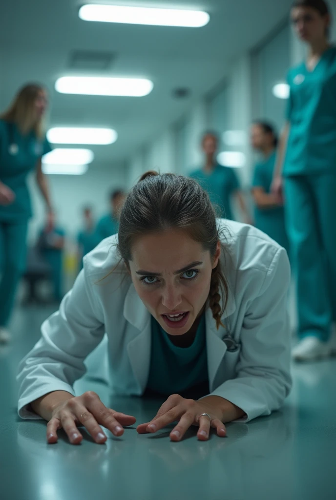 Young Women doctor screaming on the floor for justice 