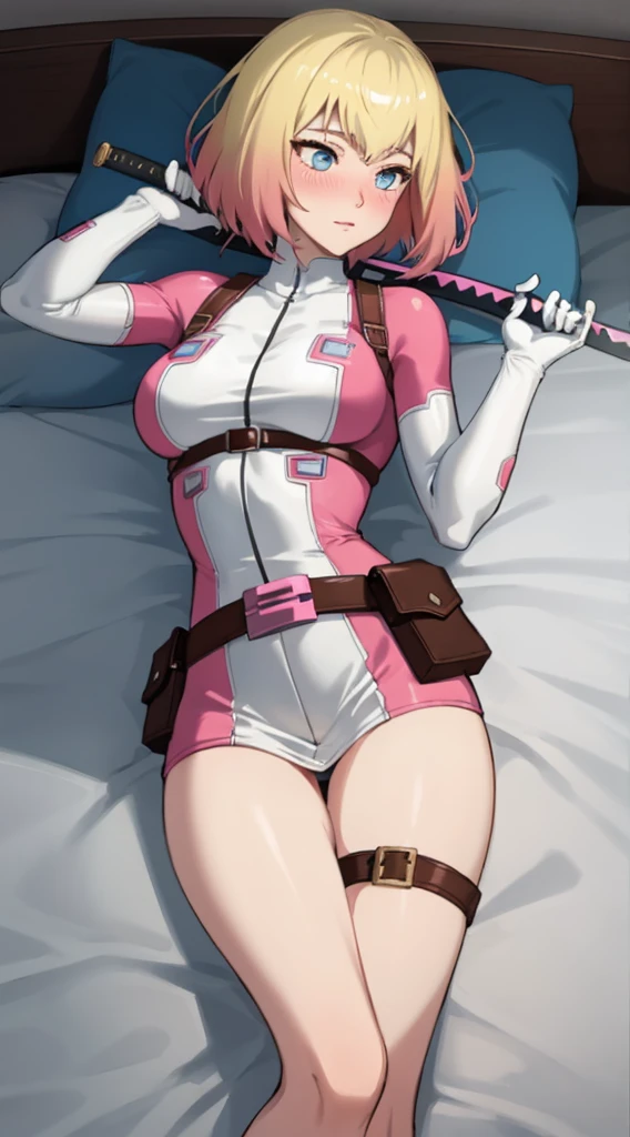 gwenpool, bedroom scenario, 1girl laying down on bed, weapon, blonde hair, multicolored hair, solo, blue eyes, sword, pouch, superhero, short hair, gradient hair, , belt, two-tone hair, pink hair, breasts 5:4, gloves, belt pouch, blushing sexy look. 