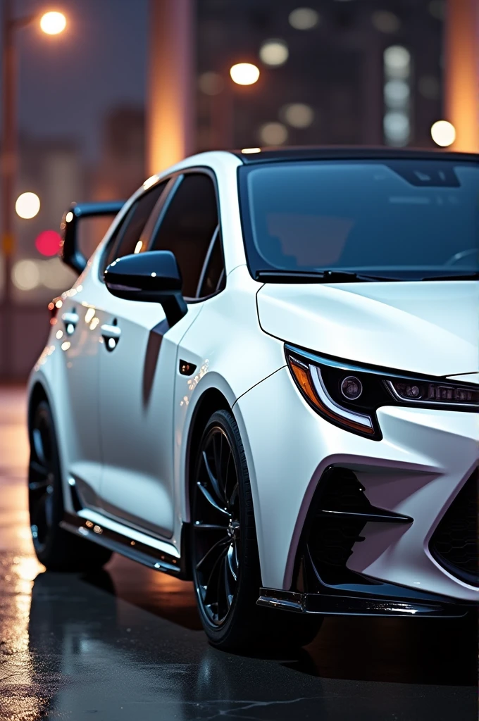 White Corolla car with black roof, black rearview mirror, black door handle, black spoiler 