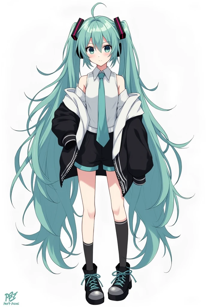 Messy long hair Hatsune Miku
Short length necktie
Pants are short、thighs are exposed
Oversized outerwear
Colors are black and white
Necktie is very short