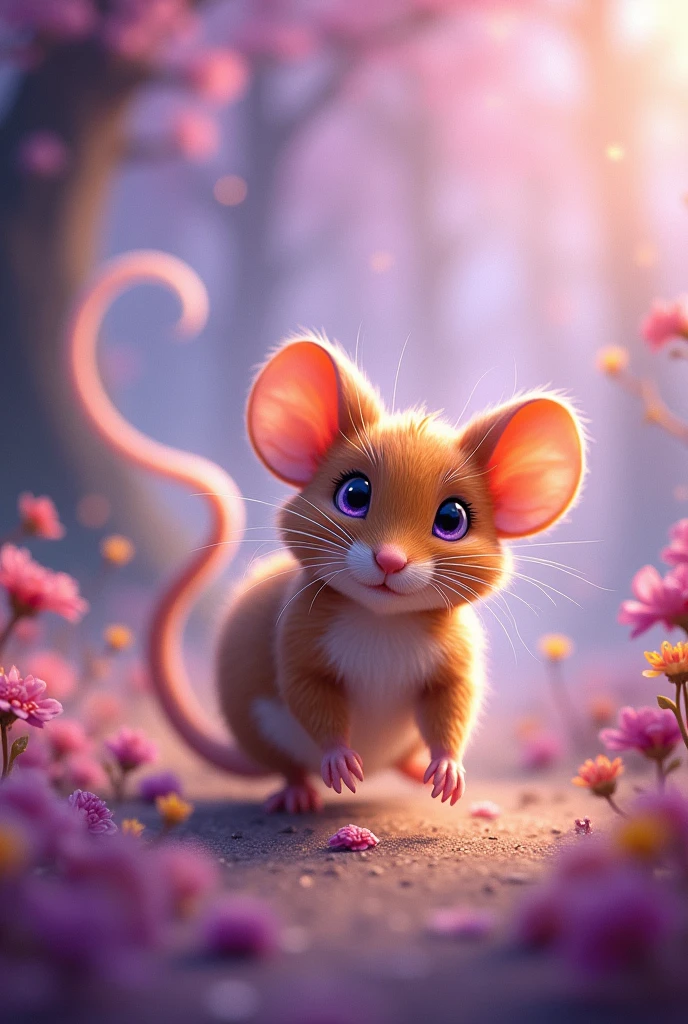 A cute fairytale mouse, full length, tail one, amber fur with purple hairs, very beautiful, sparkling eyes, Beautiful expressive eyes, digital, pastel drawing, magic, view from afar in the background it says KORSACOVA a lot of smoke