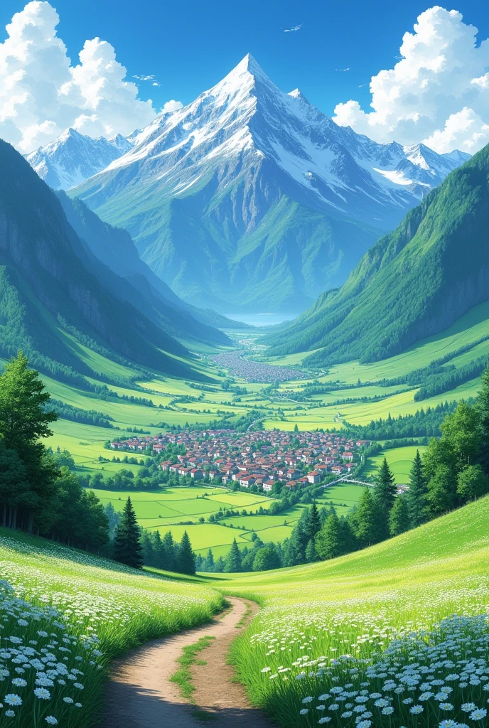 A breathtaking view of a vast, verdant valley, a picturesque village nestled amidst rolling hills and lush farmlands. Towering mountains capped with snow pierce the sky, their slopes painted with vibrant hues of green. A winding path through a field of white wildflowers leads the eye towards the village, bathed in the warm glow of the sun. Anime style, highly detailed, vibrant, serene