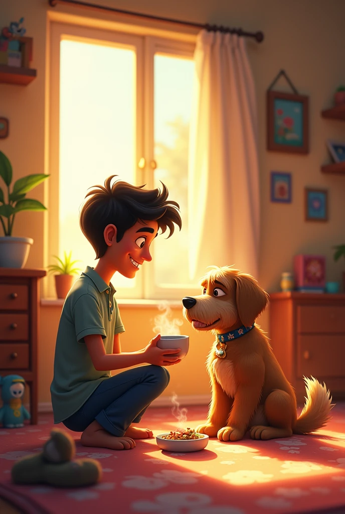 Rahul brings Tony dog home and begins to care for him. He carefully cleans Tony's wounds and provides him with warm food. Slowly, Tony's eyes show signs of relief and trust.
Rahul's face also reflects contentment and peace as he helps a living being in need. 3rdAnimastion cartoon