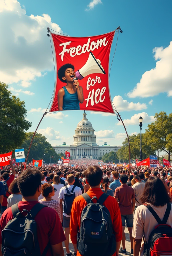 Create an image that represents Article III, Section 4 of the Philippine Bill of Rights, focusing on the themes of freedom of speech, expression, press, and peaceful assembly. The scene should depict a vibrant public square or street where people from different walks of life are gathered. Some are holding signs and banners with diverse messages, symbolizing their right to protest and express their views. In the background, there should be a group of journalists with cameras and microphones, actively reporting, representing the freedom of the press. Above, a large banner or a symbol like a quill or a megaphone should float, symbolizing freedom of speech and expression. The government building in the background should be peaceful and open, suggesting the right to petition for redress of grievances. The mood of the image should be empowering, conveying the importance of these fundamental freedoms in a democratic society. with the banner states or written "freedom for all"