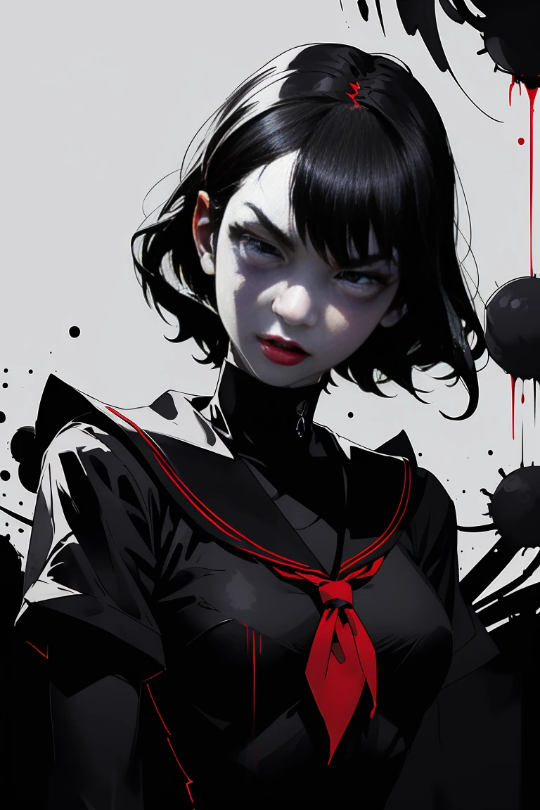 v5lcn style,Ink Art,(Highest quality,Tabletop:1.2),(Black and white comic core:1.1),(extremely high contrast),Dark ink,One Girl,Black-haired,Shadow on face、Red lips、8k,solve,high school girl,Sailor suit,deep red lips、Splattering fresh blood