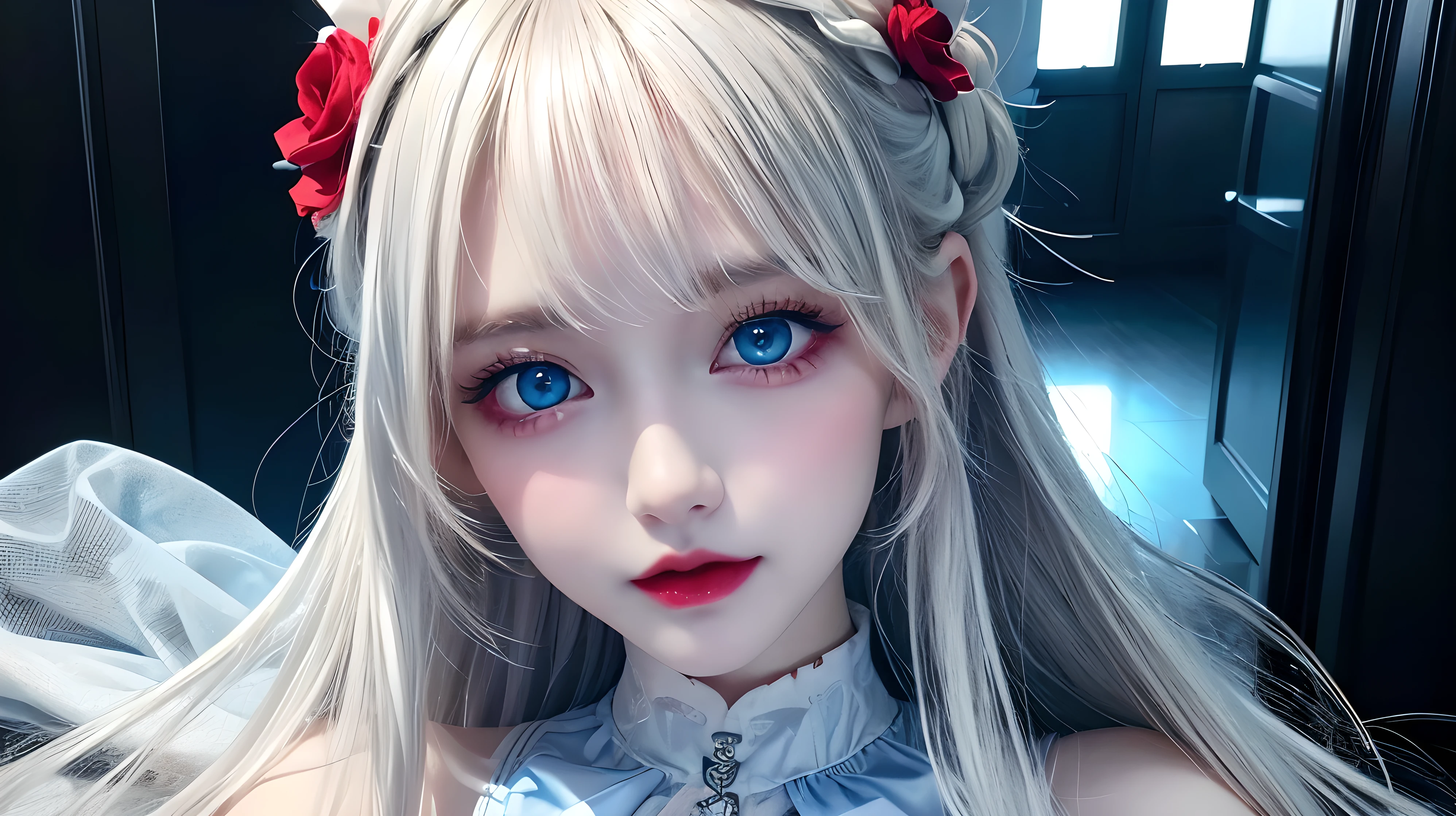 4K quality:1.2,1girl,sense of deps,disorganized,catch light,Super beautiful illustration,((White,long hairstyles:1.3)),dark dark eyeshadow,(((4k,super beautiful,In detail,blue eyes))),bright red lipstick,gothic ta,;D,beautiful and delicate hair