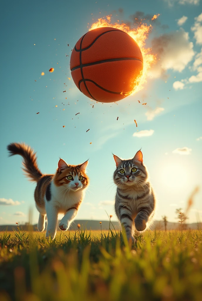 Two beautiful and fluffy cats running away from a basketball on fire falling from the sky