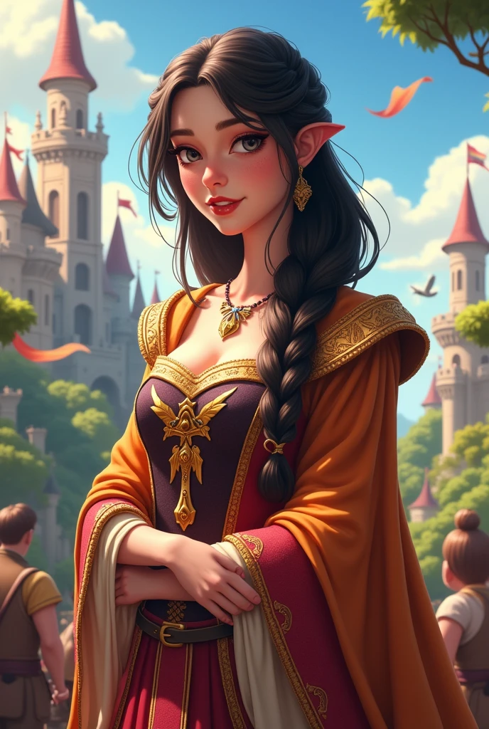 Beautiful brunette with fine features and long hair braided in the medieval style but in the style of Clash Royale