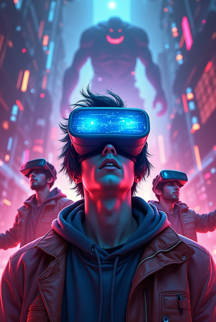 Create a poster for a movie, where the protagonist is a VR glasses user, but your life is put at risk, when glasses users enter a game and can no longer exit, now he has to solve this dilemma, use a bright color palette, lights and special effects, the film takes place inside a game, but remember, it is necessary to highlight the main character, photo realist, add other characters to this adventure