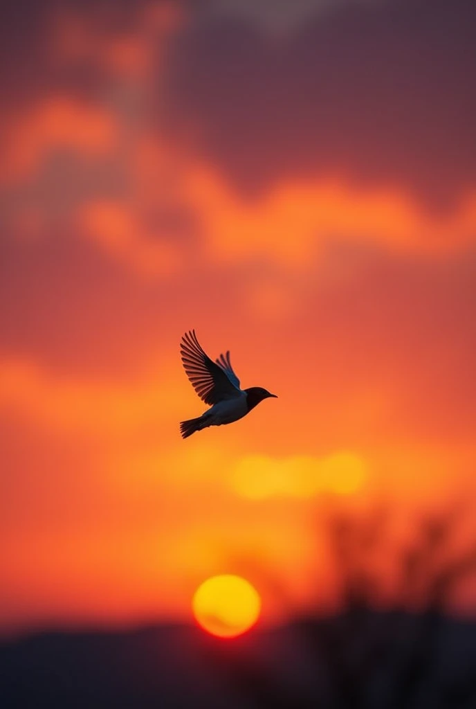 A sparrow silhouetted against a stunning sunset, with vibrant hues of orange, pink, and purple in the sky