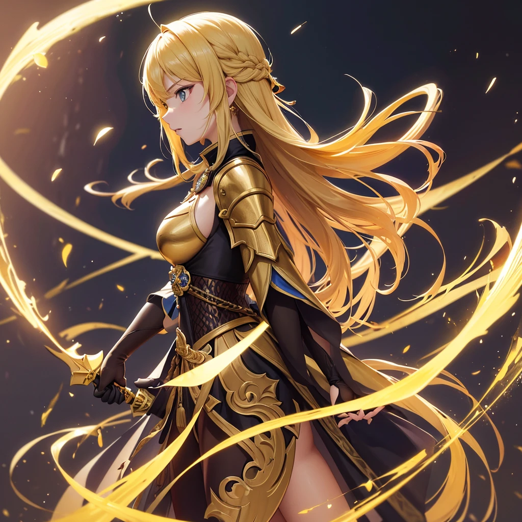 A woman in golden attire, holding a sword and a green ring., Portrait of a girl in the Knights of the Zodiac, ayaka Genshin Impact impact, keqing from Genshin Impact impact, Astori Lawn, ayaka game Genshin Impact impact, zhongli from Genshin Impact impact, Genshin Impact impact character, Vivid RPG Portraits, Genshin Impact, long, Official Art, portrait knight woman,(Cowboy Shot,A composition that shows the whole body,One woman)、Facing the viewer