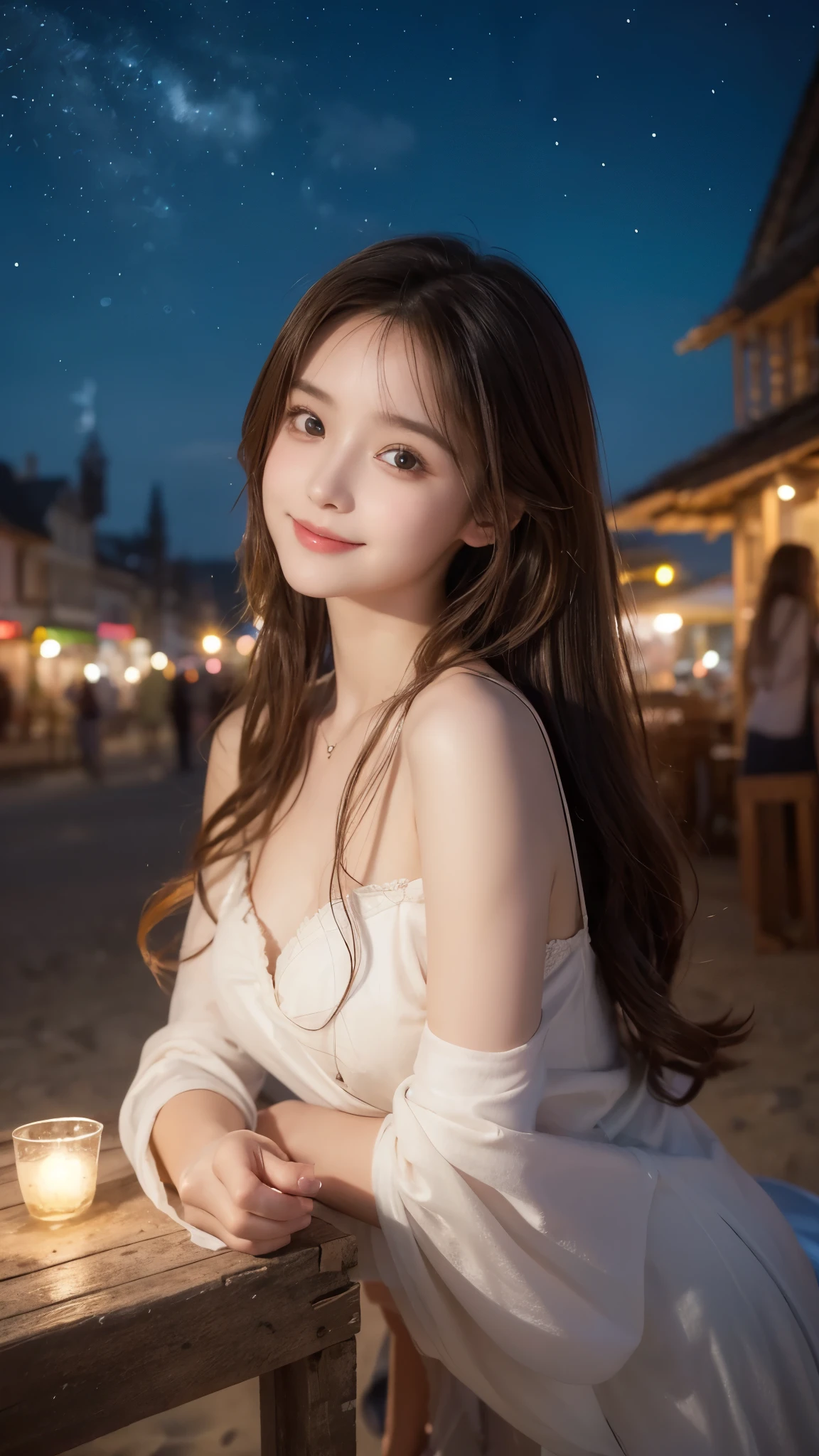 redmi note pro photo of beautiful girl, posing, so cute, detailed face, beautiful petite face, so pretty, messy long hair, upperl body, german beach, godrays, shy, innocent face, smiling, inside a night painting, medieval str