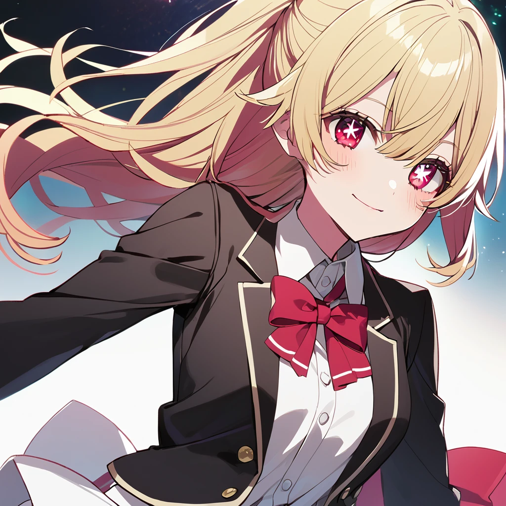 1 girl(Oshinoko, Ruby Hoshino, blonde hair, left side tail, red eyes, star shaped pupils in right eye, black blazer, white shirt, red big ribbon on chest, black, white skirt)