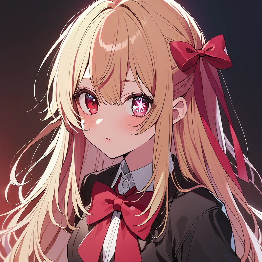 1 girl(Oshinoko, Ruby Hoshino, blonde hair, left side tail, red eyes, star shaped pupils in right eye, black blazer, white shirt, red big ribbon on chest, black, white skirt)