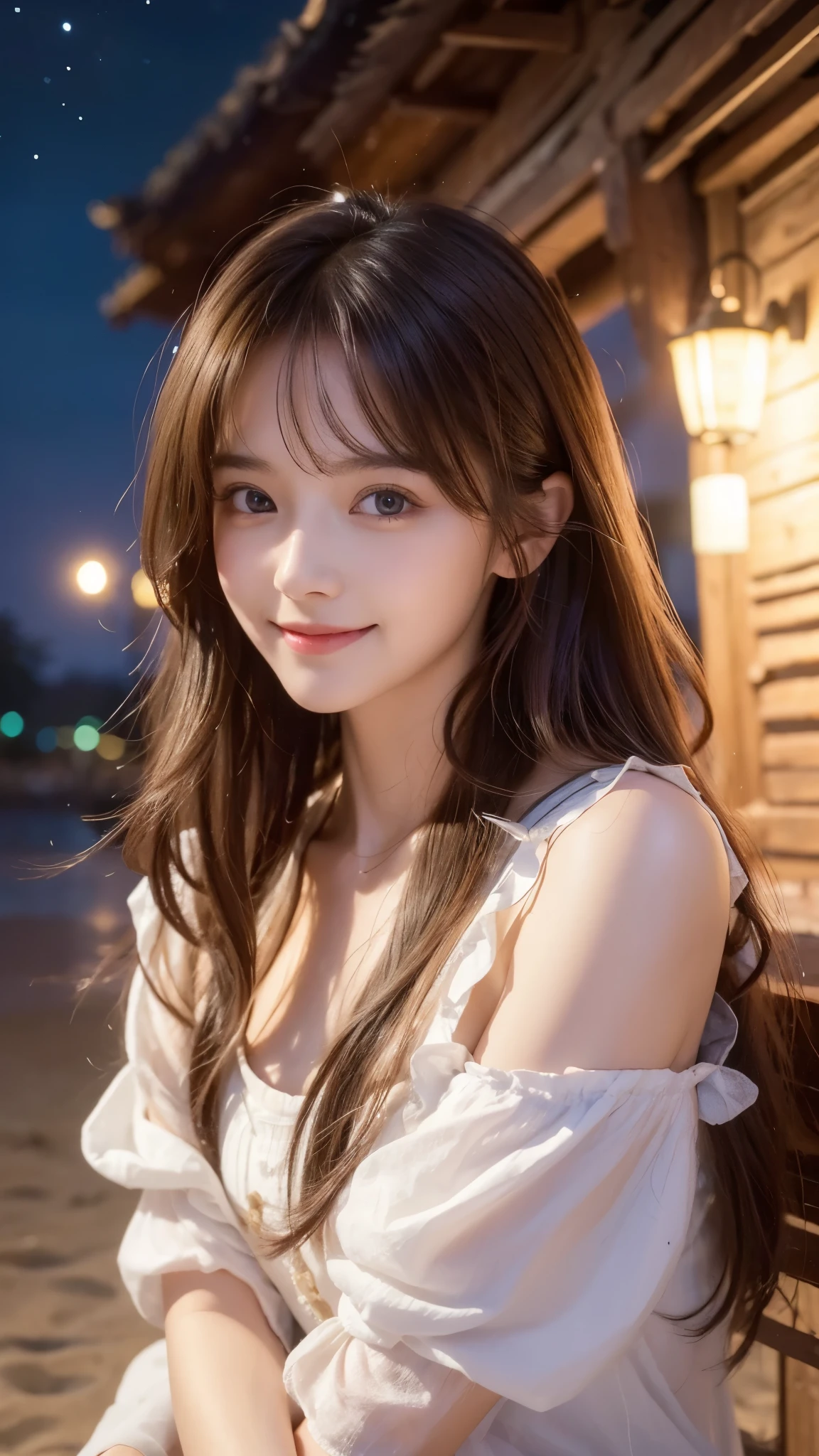 redmi note pro photo of beautiful girl, posing, so cute, detailed face, beautiful petite face, so pretty, messy long hair, upperl body, german beach, godrays, shy, innocent face, smiling, inside a night painting, medieval str
