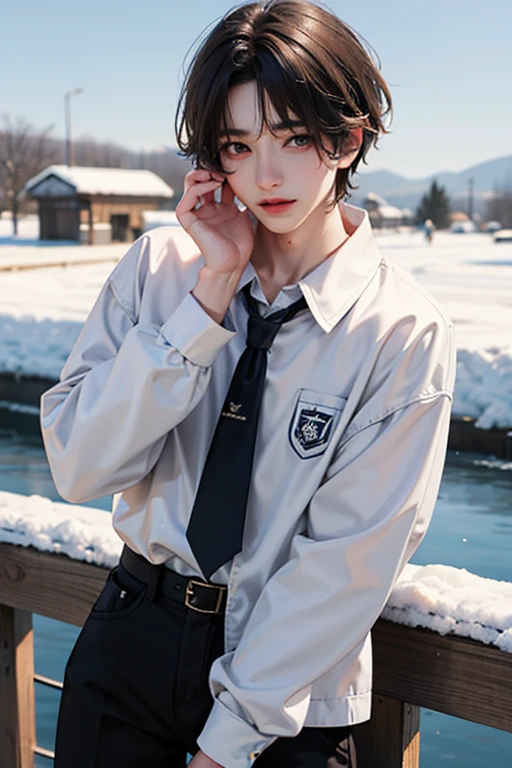 One boy, Light Brown Hair, White skin, 18 years old, super detail, masterpiece, 8k, korean, amazing, Idol, high quality, Refreshing, high quality, androgynous boy, Refreshing, winter, clear, Natural lighting, Make your eyes look more natural, prime, The season of snowfall, High Quality, 한winter, white shirt, black pants, student