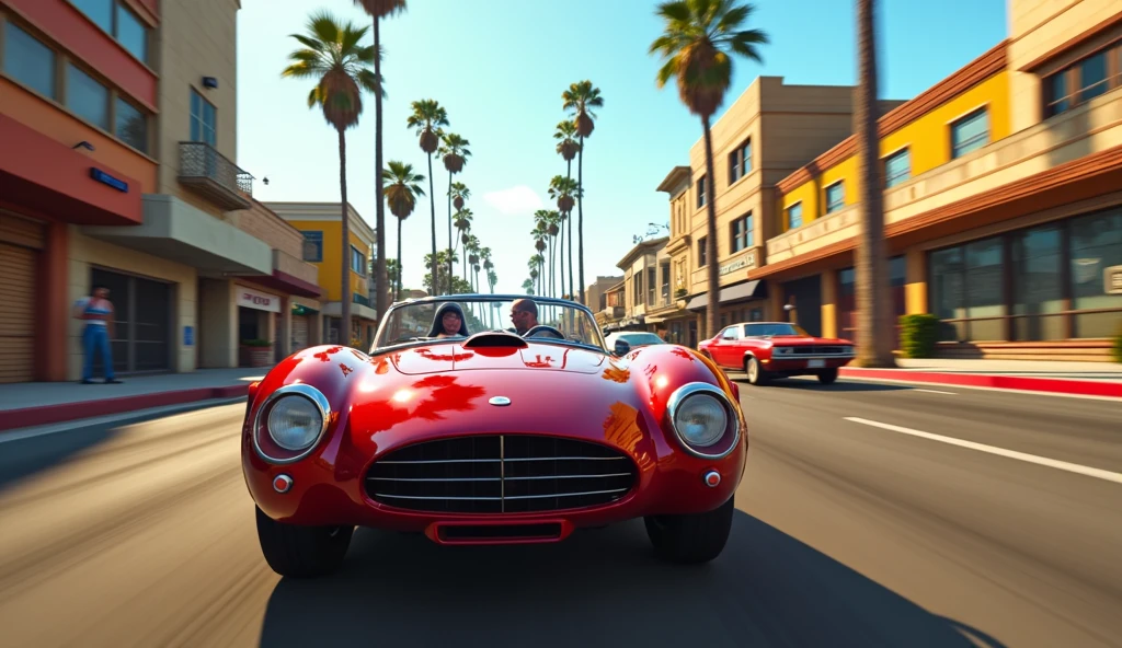 An intense gameplay scene from GTA San Andreas Remake 2023 on the PS5. The graphics are stunningly realistic, showcasing a highly detailed urban environment with vibrant streets, upgraded character models, and dynamic lighting effects. The protagonist, CJ, is driving through a sun-soaked Los Santos neighborhood in a sleek, modernized car, with reflections glinting off the vehicle. The buildings, palm trees, and pedestrians are vividly detailed, bringing the classic San Andreas world to life in high definition. On the PS5 screen, you can see smooth, fast-paced action with CJ engaging in a mission involving a high-speed car chase, dodging police, and weaving through traffic. The atmosphere is packed with the energy of a remastered classic, combining nostalgia with cutting-edge visuals and gameplay mechanics
