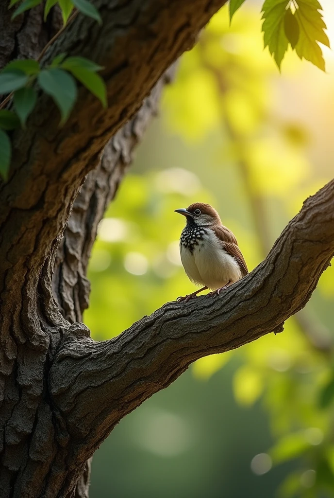 A sparrow resting on the branch of an old oak tree, with the texture of its bark visible and soft sunlight filtering through the leaves.