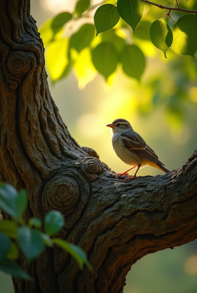 A sparrow resting on the branch of an old oak tree, with the texture of its bark visible and soft sunlight filtering through the leaves.