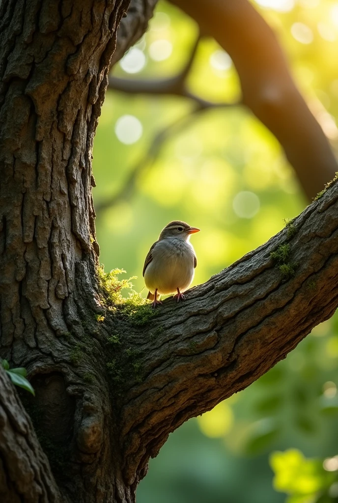 A sparrow resting on the branch of an old oak tree, with the texture of its bark visible and soft sunlight filtering through the leaves.