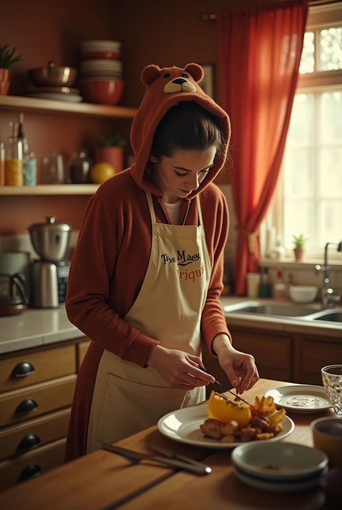 (1950s 007 secret agent), Danish spy housewife, wearing a Mama bear costume elegantly preparing dinner in a vintage kitchen, mid-century decor, warm and inviting ambiance, rich colors, soft lighting, intricate details of kitchenware, retro attire with subtle spy accessories, nostalgic and charming setting, ultra-detailed, cinematic scene capturing a blend of domesticity and intrigue, 4K quality.