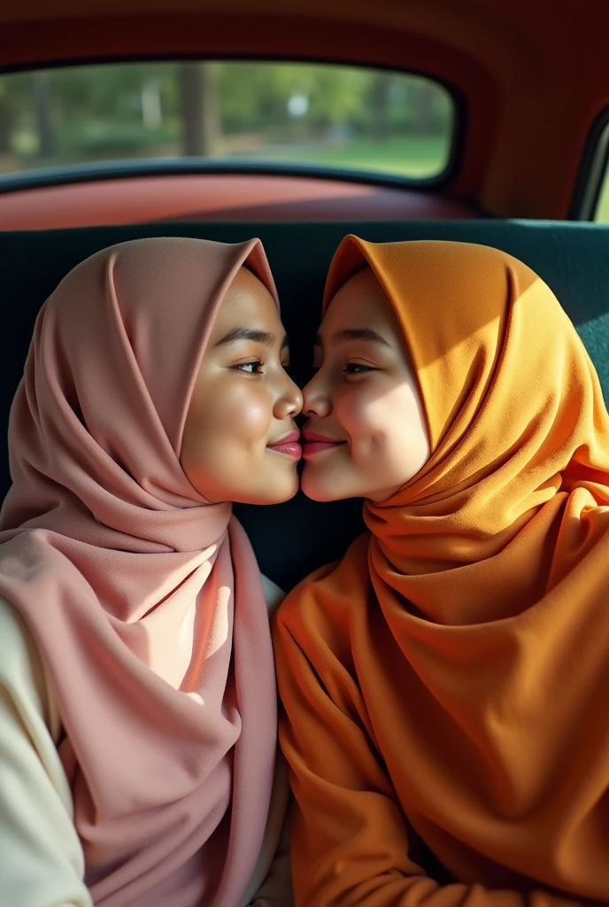 extreme close up of two hijab indonesian girl laying down,bra and pantieswn kissing in a car,